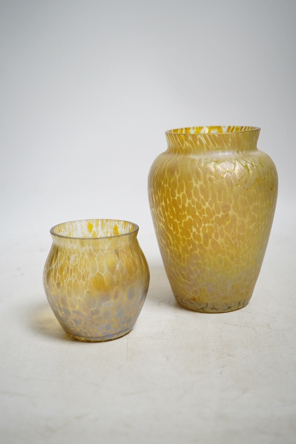 Two yellow Loetz style vases, tallest 13cm high. Condition - tallest has a small chip to top edge, the smaller good